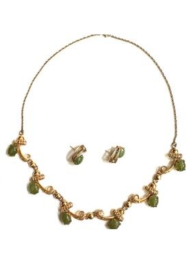 Vintage Sorento Gold Wash Sterling Silver Jade Filigree Necklace and Earrings